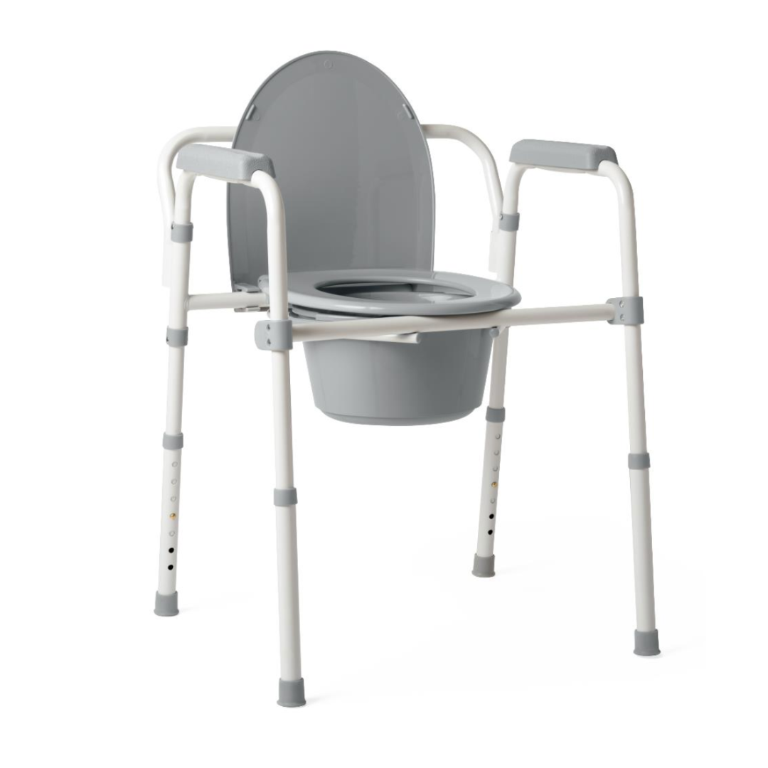 The Medline Steel 3-in-1 Folding Commode with Splashguard is a portable gray and white bedside commode featuring armrests, adjustable height legs, and a heavy-duty steel frame for durability. It includes a removable bucket beneath the seat for mobility assistance.